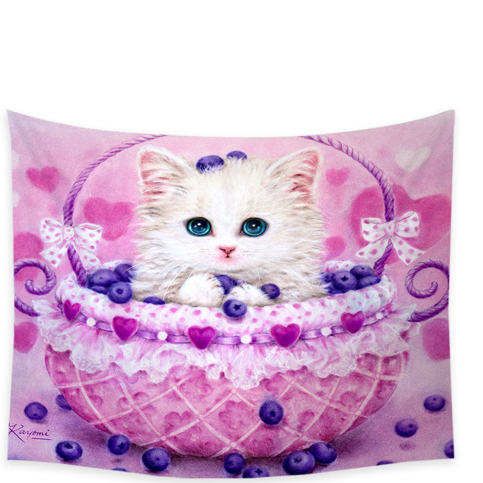 Cute Tapestries Designs for Girls Kitten in Blueberry Basket