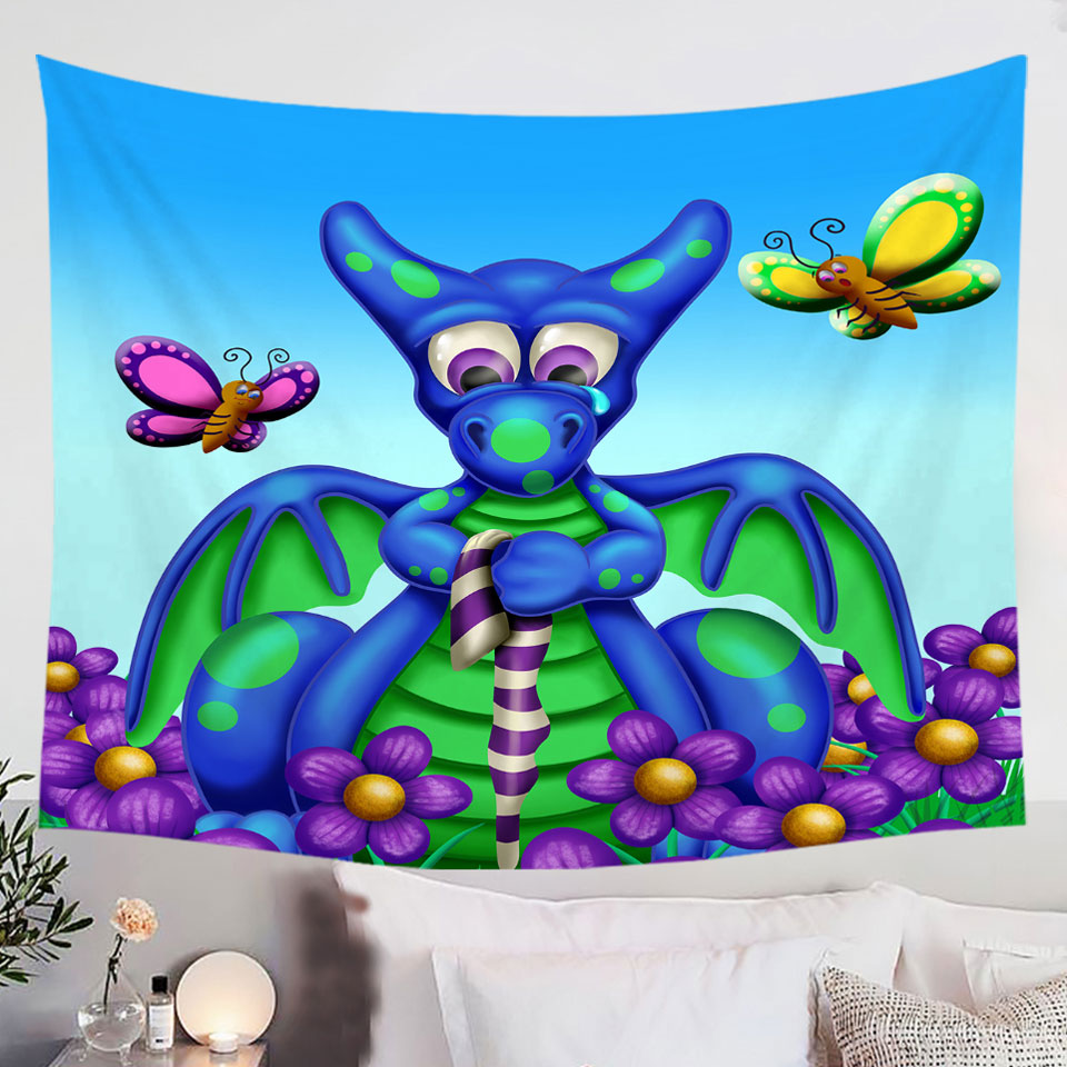 Cute-Tapestry-Blue-Dragon-with-Purple-Flowers-Wall-Decor-for-Kids