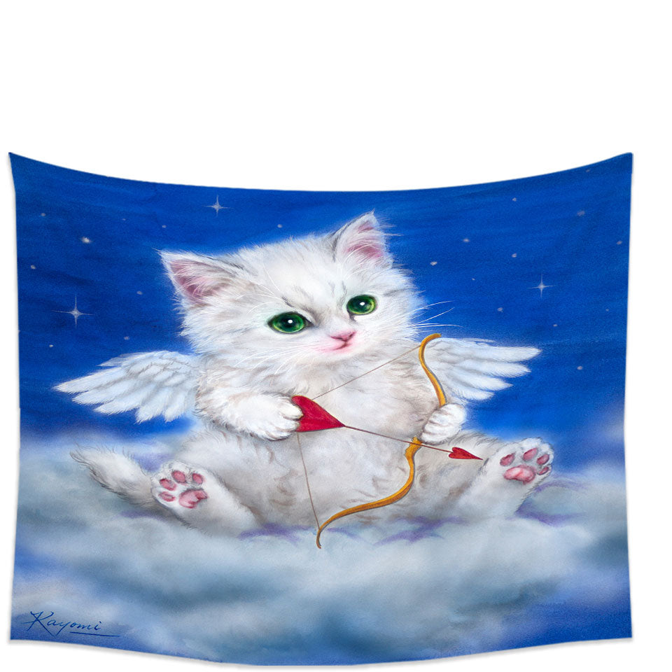 Cute Tapestry Wall Decor prints Fantasy Cat Art Love Angel White Kitten