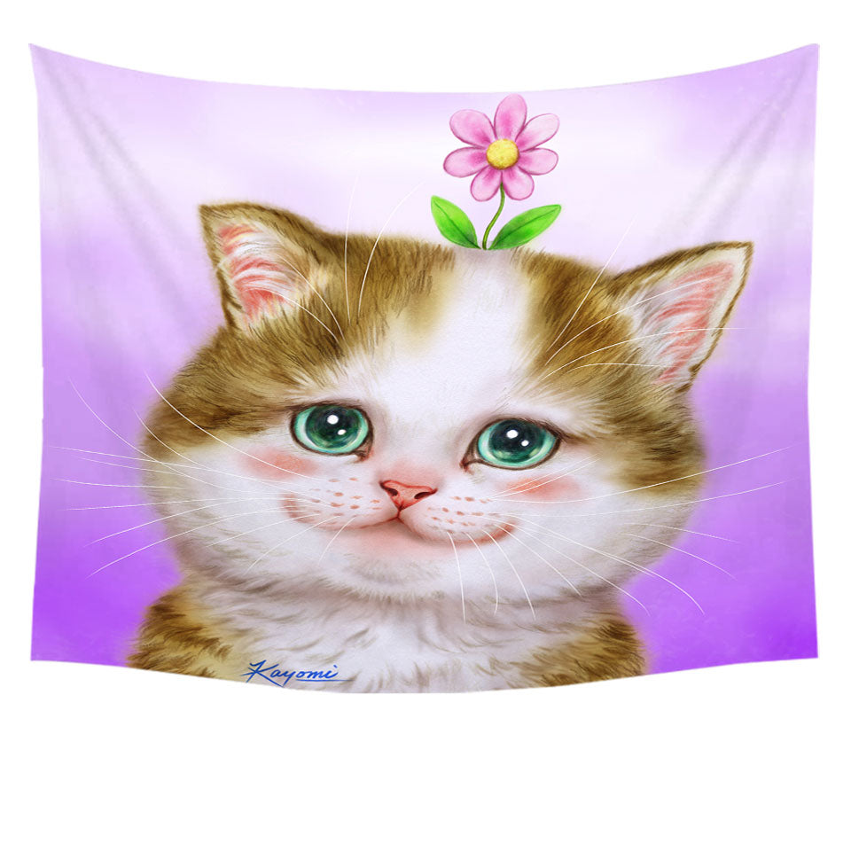 Cute Tapestry Wall Hanging Cats Prints Blushing Sweet Flower Kitten