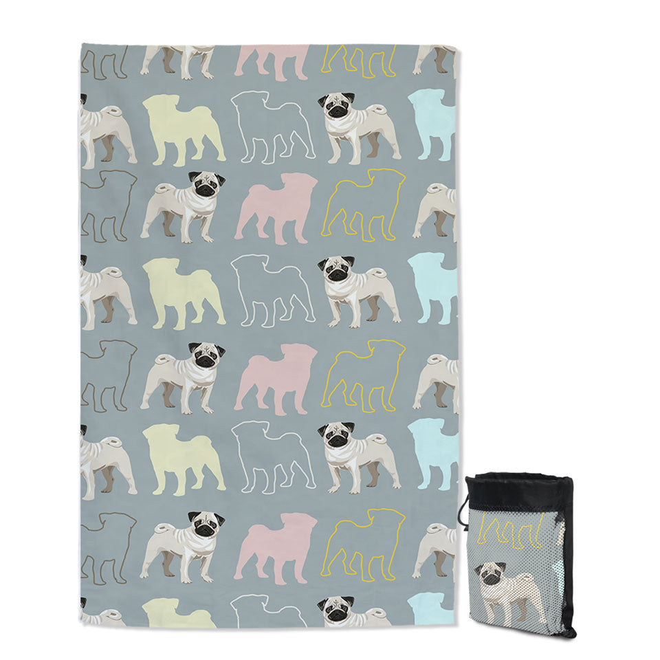 Cute Thin Beach Towels with Pug and Pugs Multi Colored Silhouettes