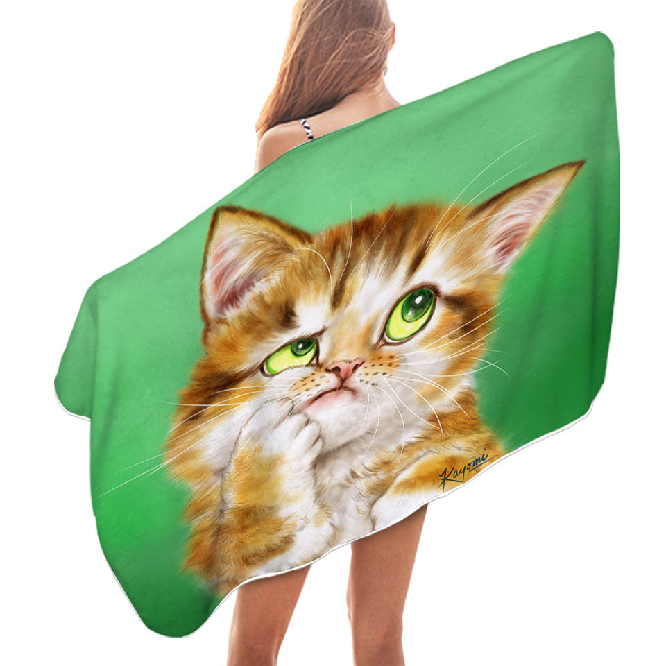 Cute Thinking Kitten Cats Art Beach Towel