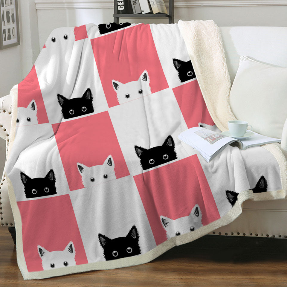Cute Throw Blanket Pink White Panel and Black White Cats