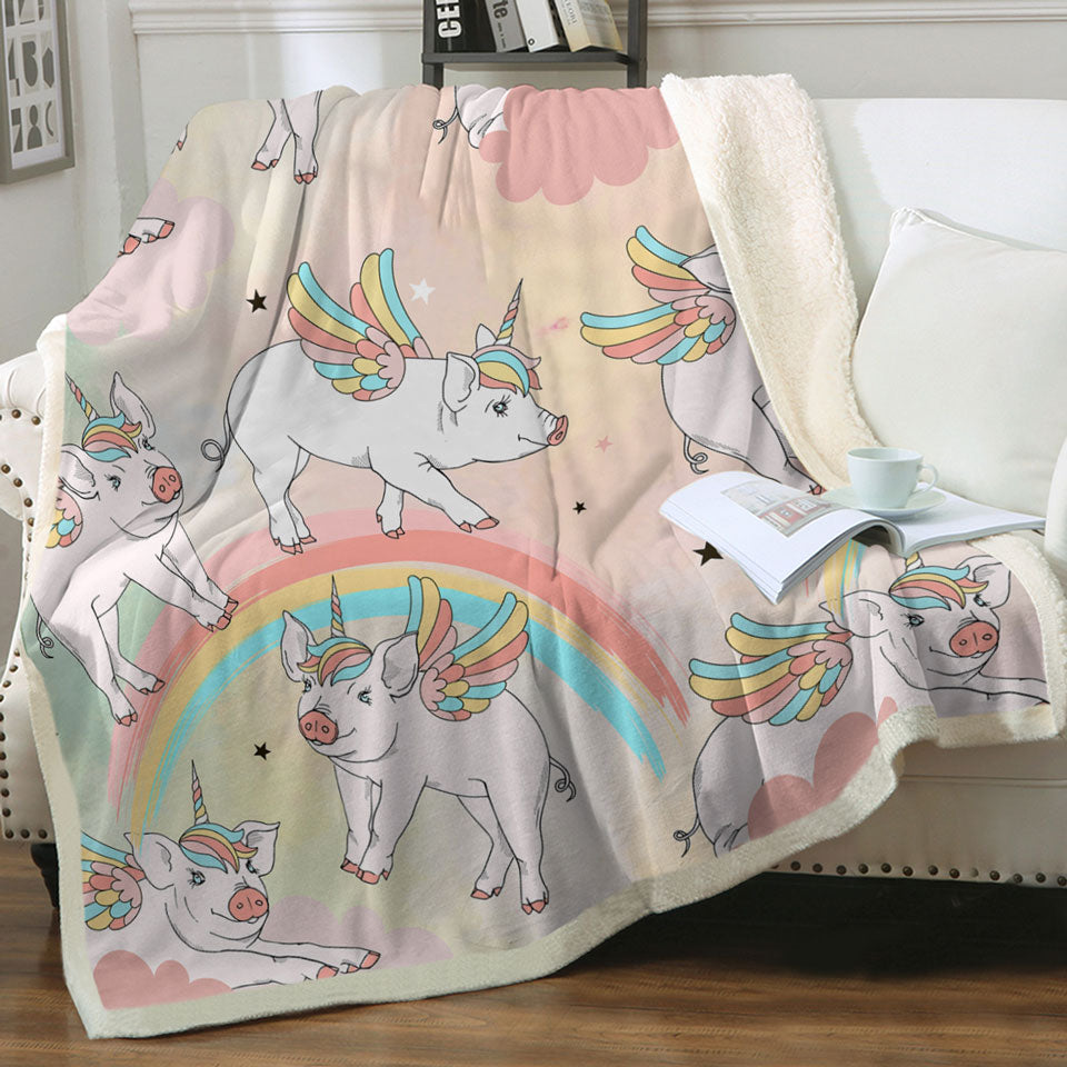 Cute Throw Blanket for Kids Rainbow Unicorn Pigs