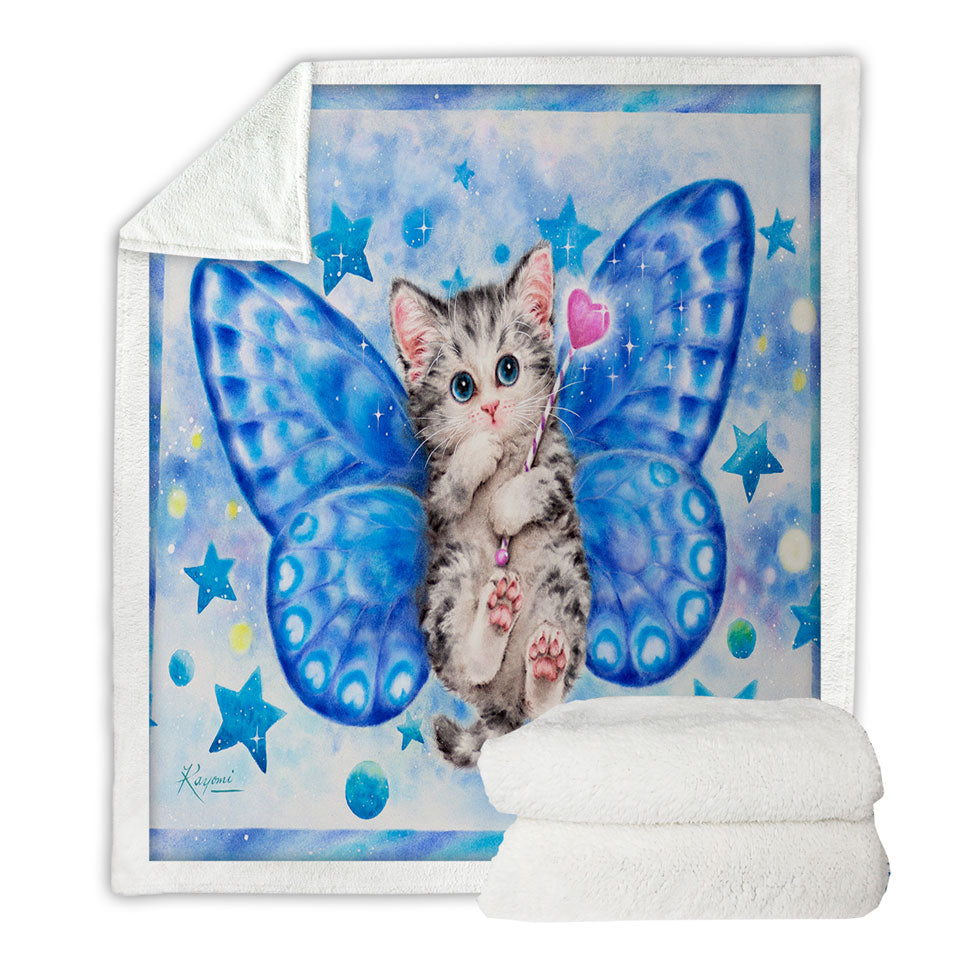 Cute Throw Blanket with Kitten Designs Blue Butterfly Kitty Cat