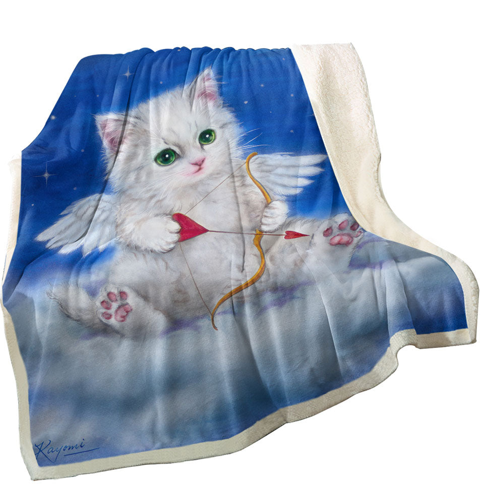 Cute Throw Blankets Fantasy Cat Art Love Angel White Kitten