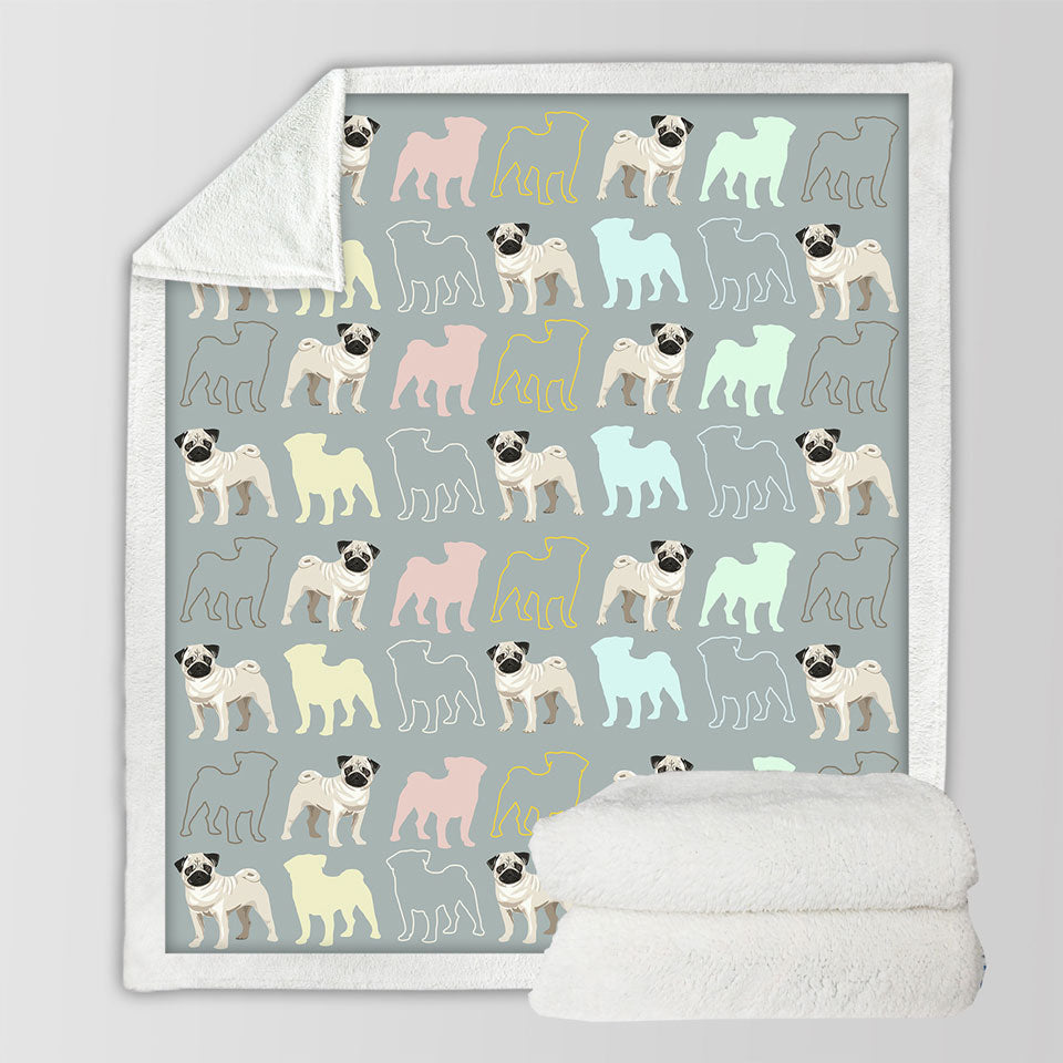 Cute Throw Blankets with Pug and Pugs Multi Colored Silhouettes