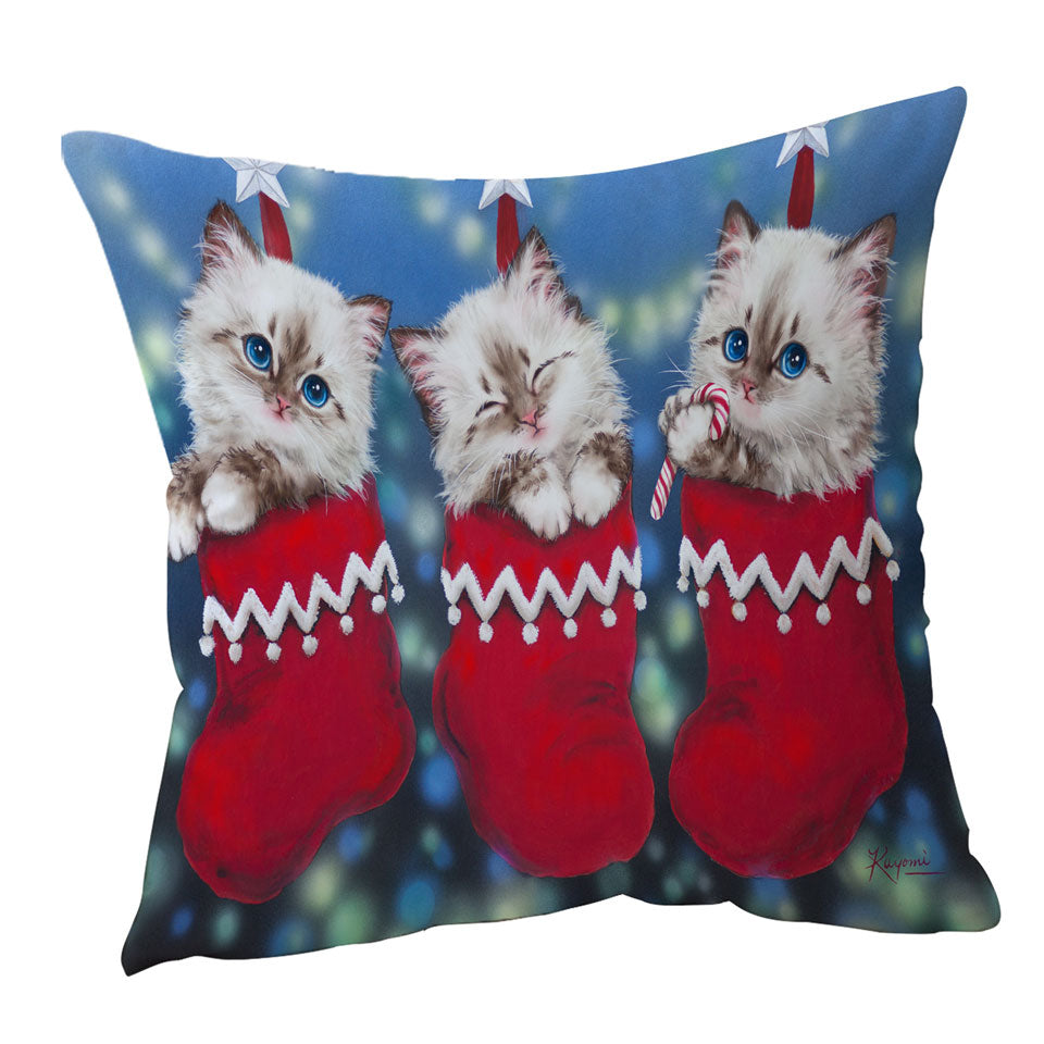 Cute Throw Pillow Covers with Christmas Design Trio Kittens in Red Socks