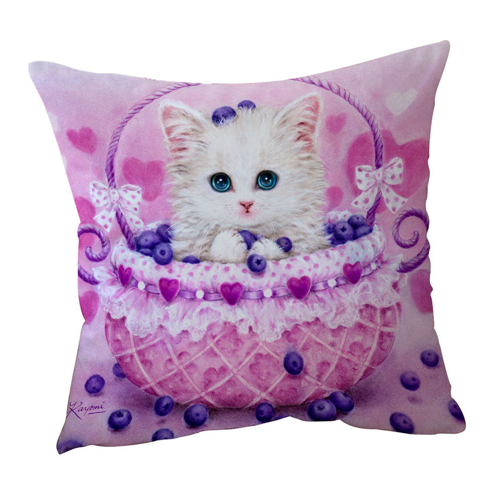 Cute Throw Pillows Designs for Girls Kitten in Blueberry Basket