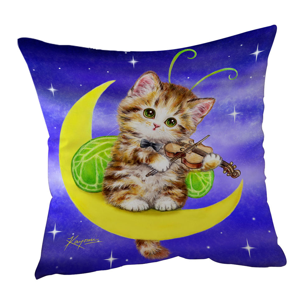 Cute Throw Pillows and Cushions with Fantasy Cats Art Violinist Tabby Kitten