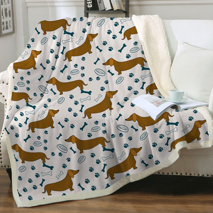 Cute Throws with Dog Food Bowl Paw Bone and Dachshund