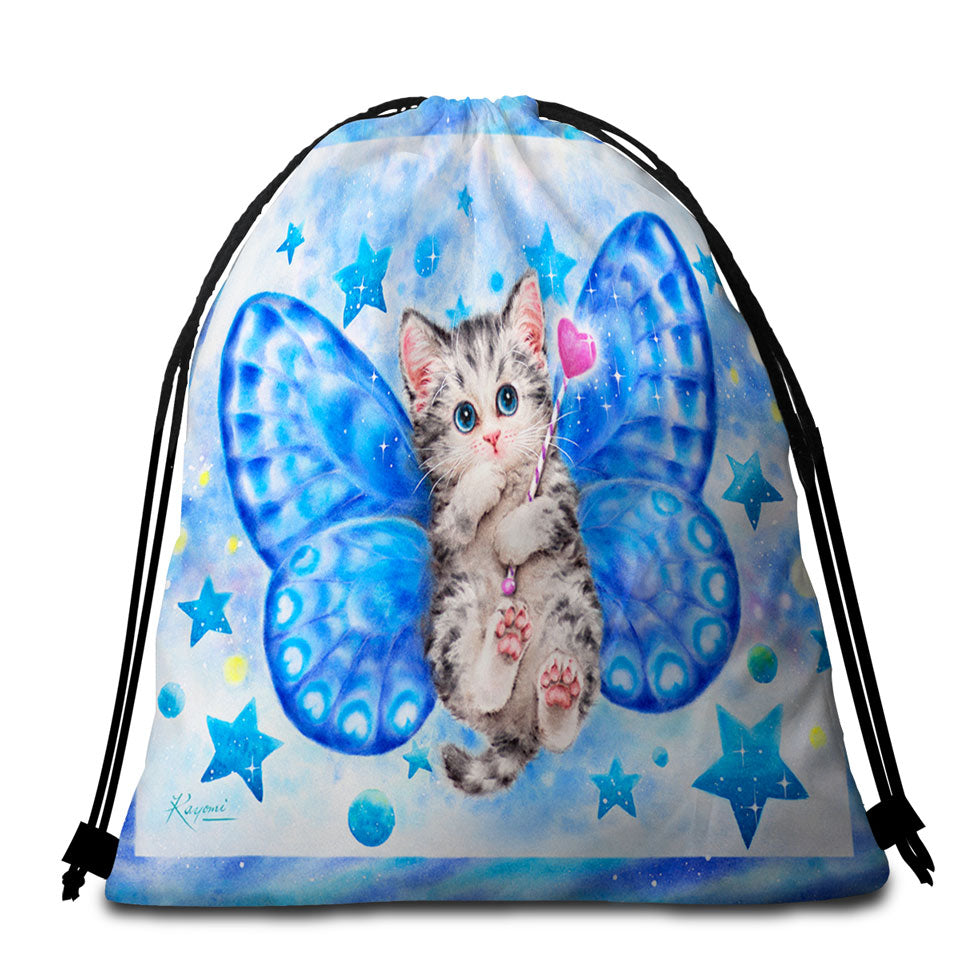 Cute Travel Beach Towel Bag Kitten Designs Blue Butterfly Kitty Cat