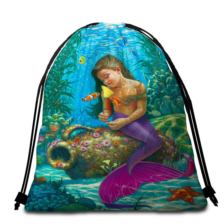 Cute Underwater Fish and Mermaid Girl Beach Towels and Bags Set