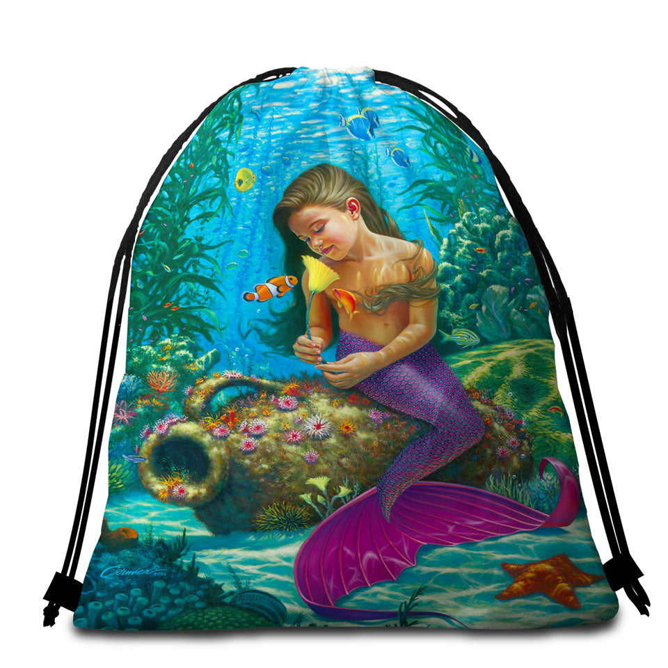Cute Underwater Fish and Mermaid Girl Beach Towels and Bags Set