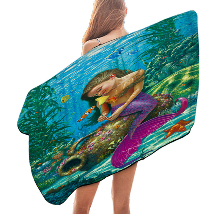 Cute Underwater Fish and Mermaid Girl Beach Towels