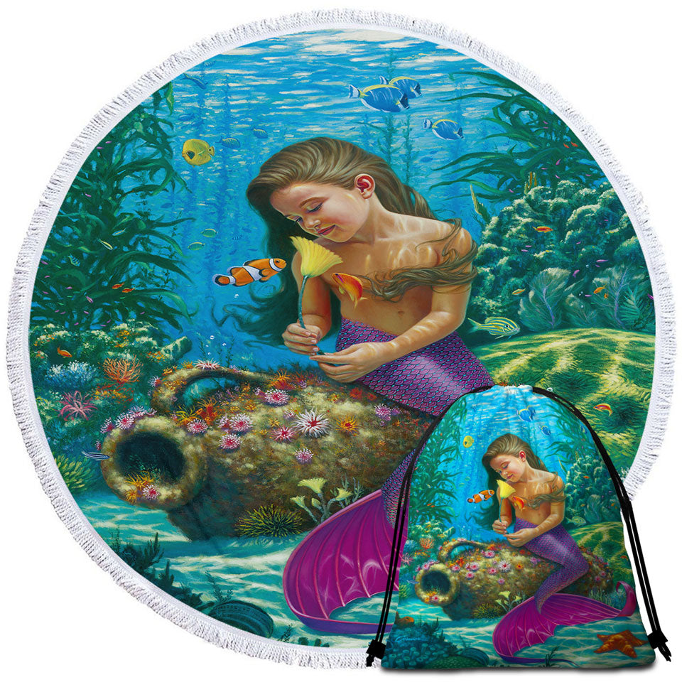 Cute Underwater Fish and Mermaid Girl Round Towel