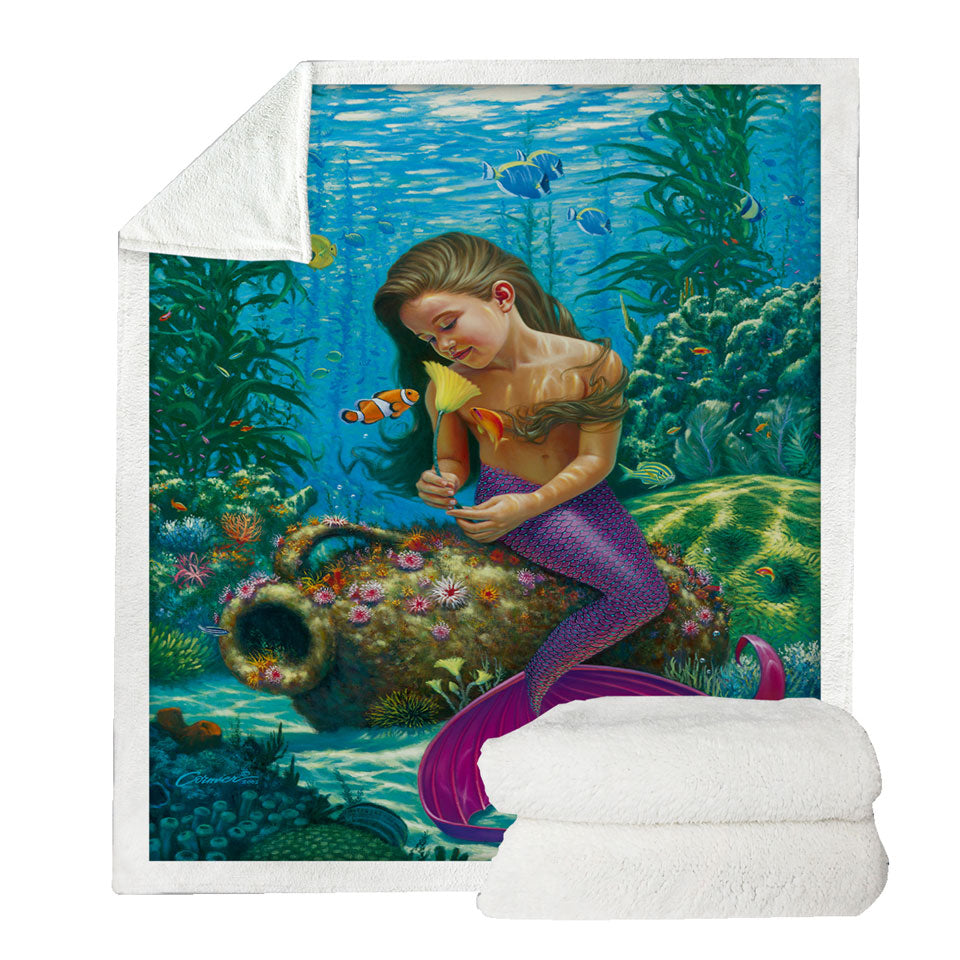 Cute Underwater Fish and Mermaid Girl Sherpa Blanket