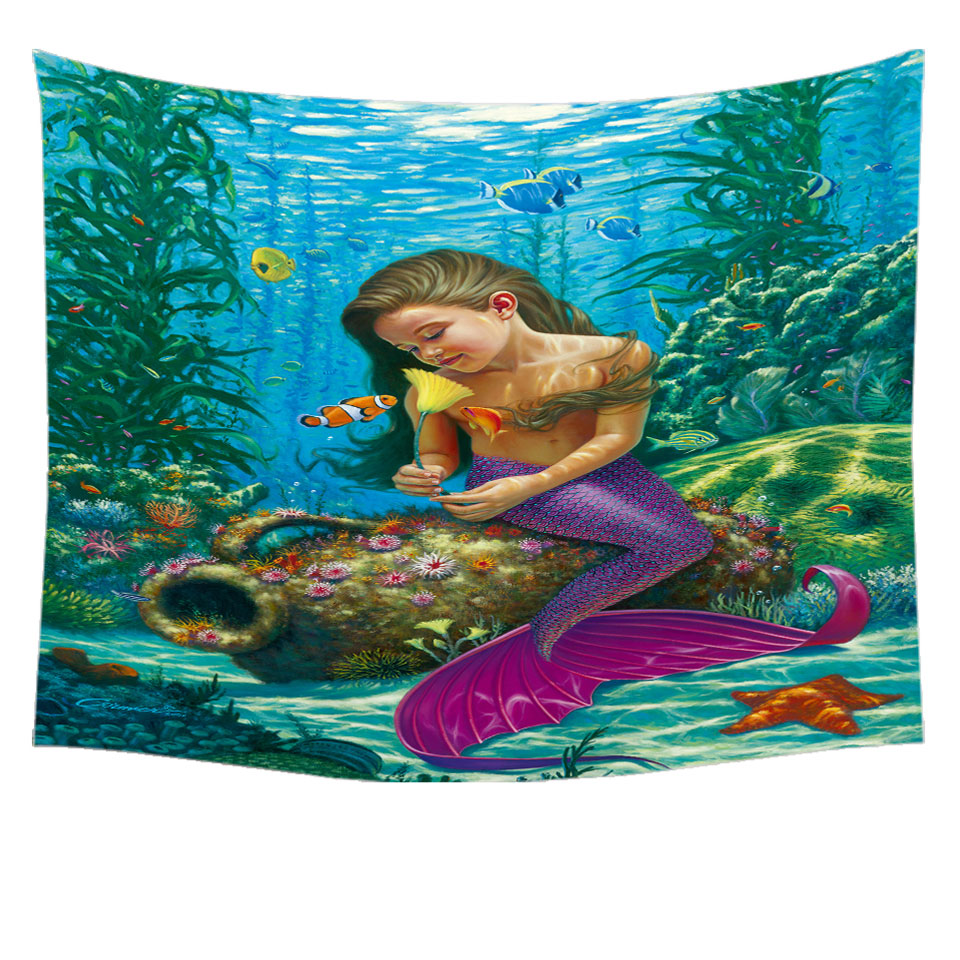 Cute Underwater Fish and Mermaid Girl Tapestry