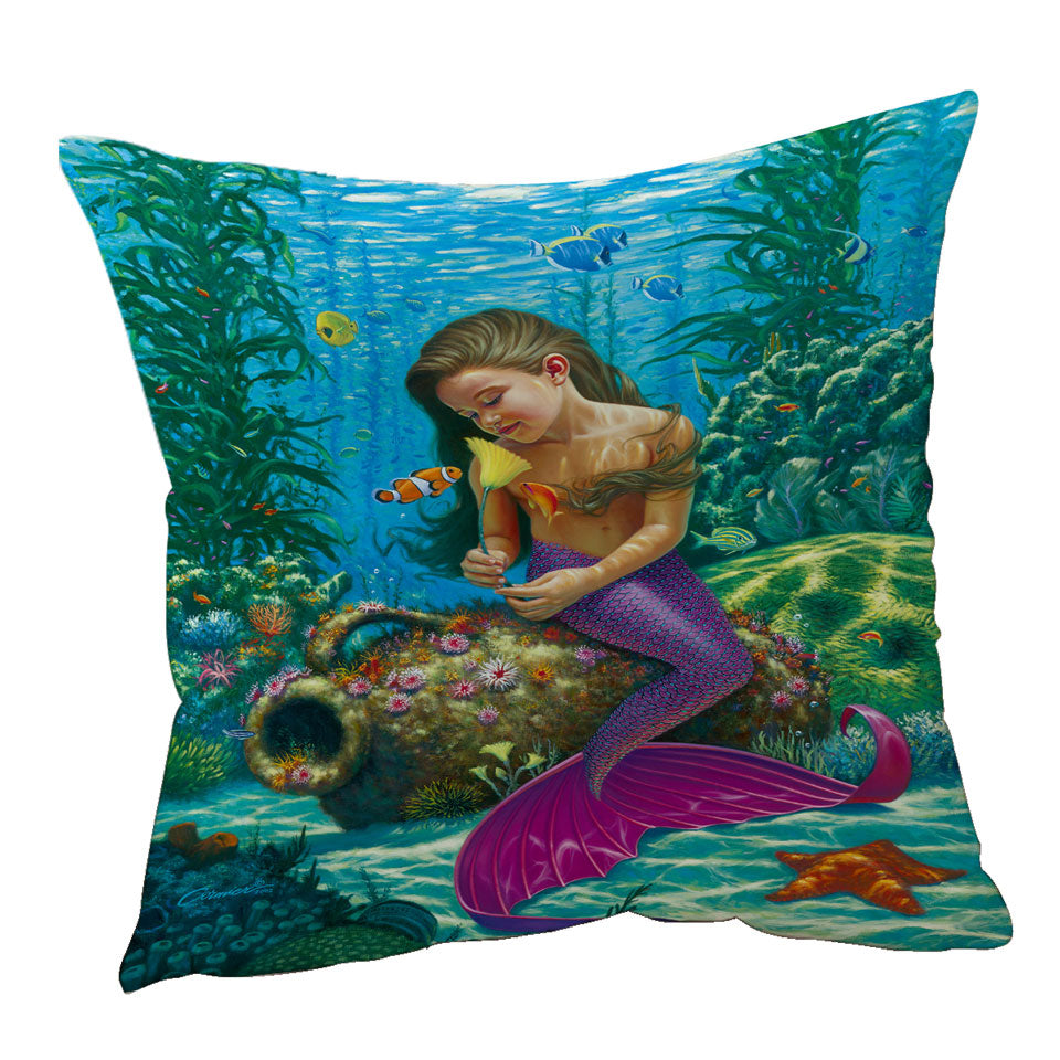 Cute Underwater Fish and Mermaid Girl Throw Pillow