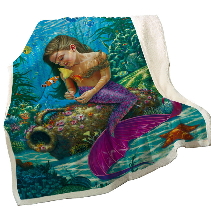 Cute Underwater Fish and Mermaid Girl Throws