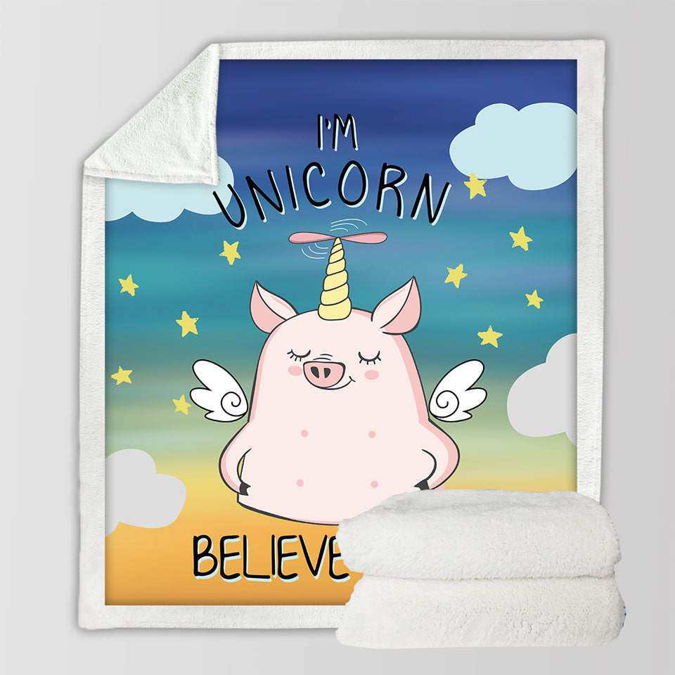 Cute Unicorn Piggy Childrens Sherpa Blanket