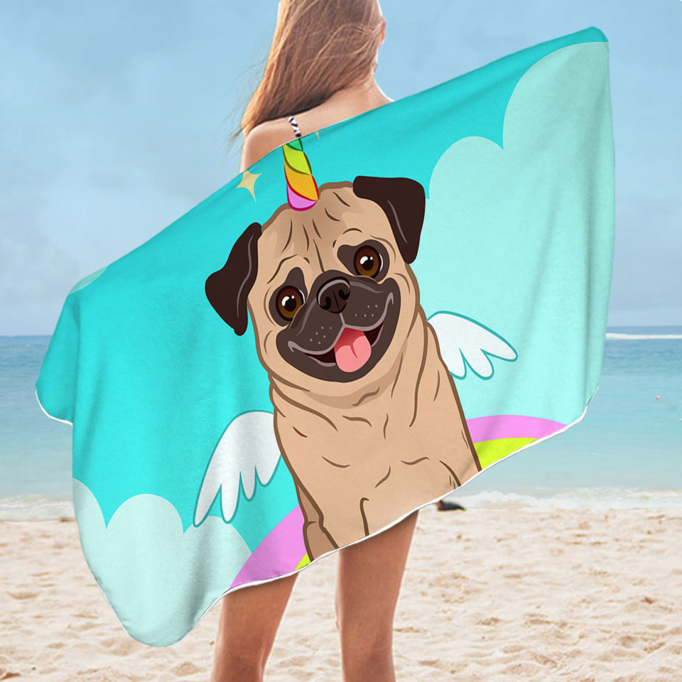 Cute Unicorn Pug Microfiber Beach Towel for Kids