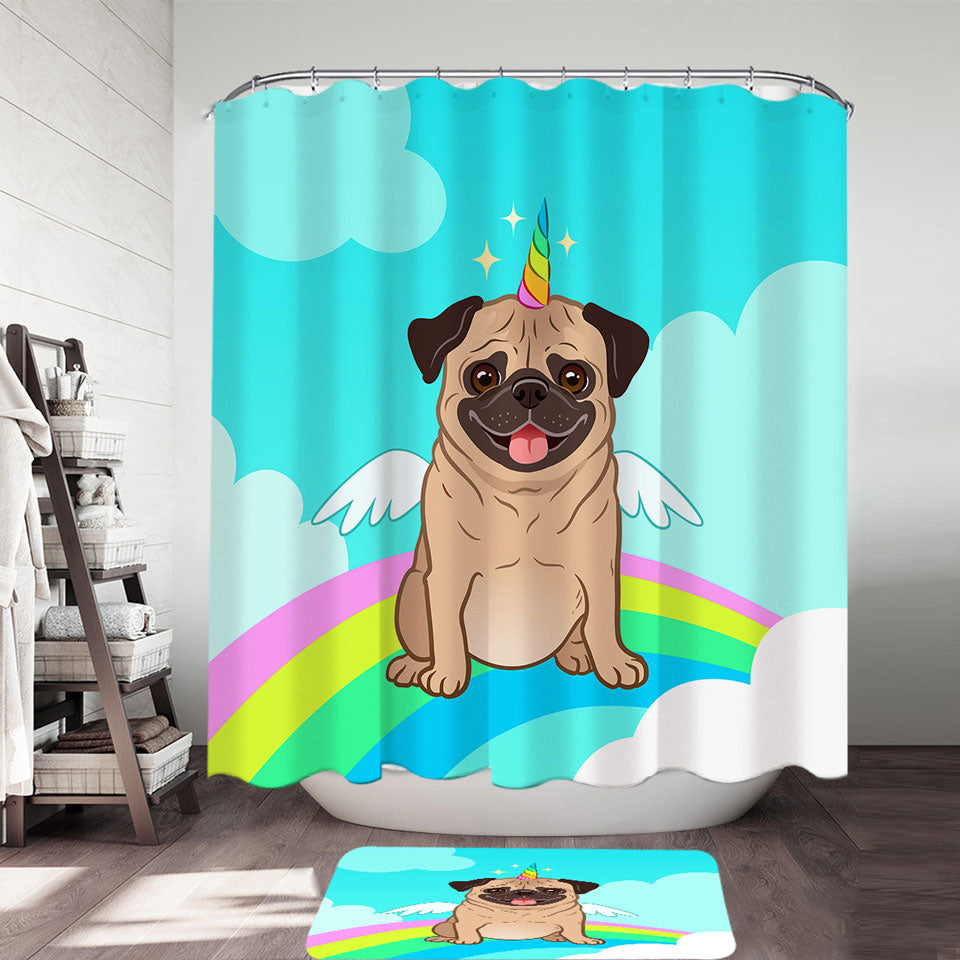 Cute Unicorn Pug Shower Curtain for Kids