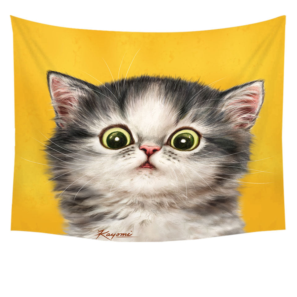 Cute Wall Art Decor Confused Kitty Cat over Yellow