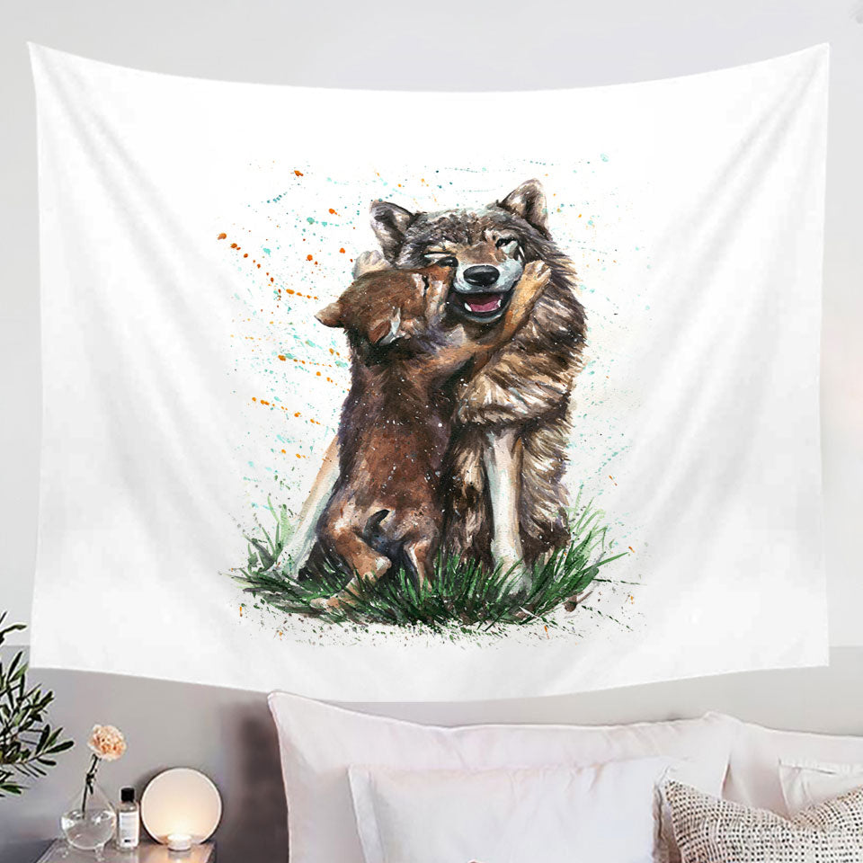Cute Wall Art Tapestry of Painting Momma Wolf and her Pup