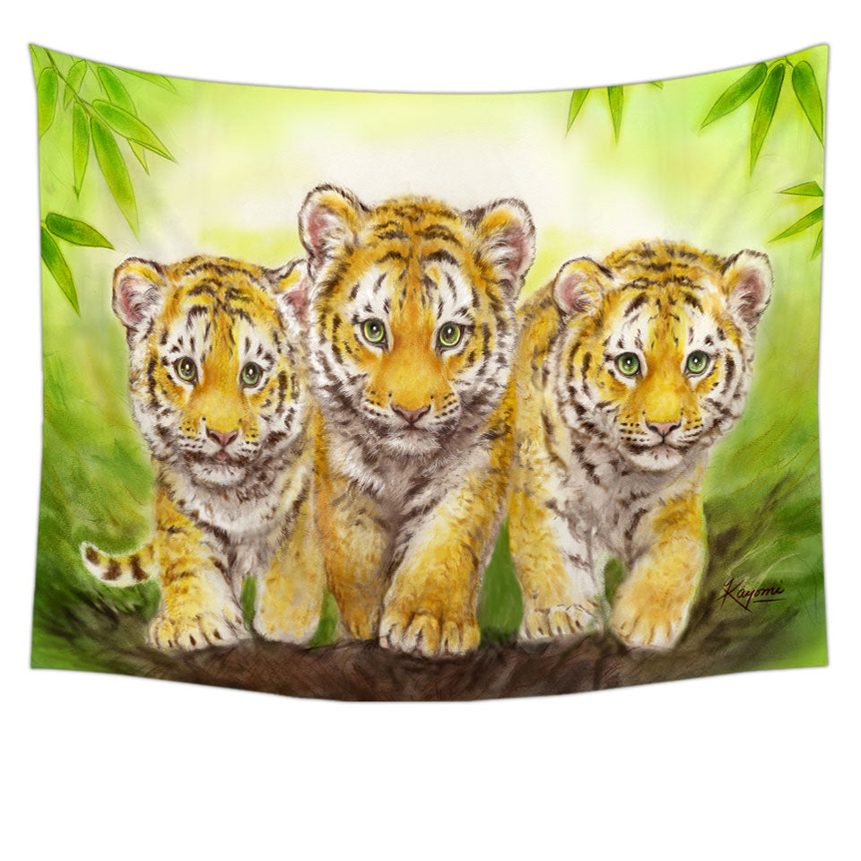 Cute Wall Decor Animal Drawings Three Brothers Tiger Cubs Tapestry