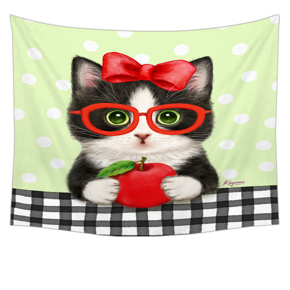 Cute Wall Decor Funny Cats Tuxie with Apple and Glasses Tapestry