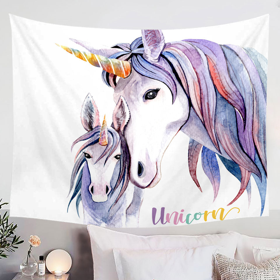 Cute Wall Decor Tapestry of Purplish Unicorn Colt and Momma