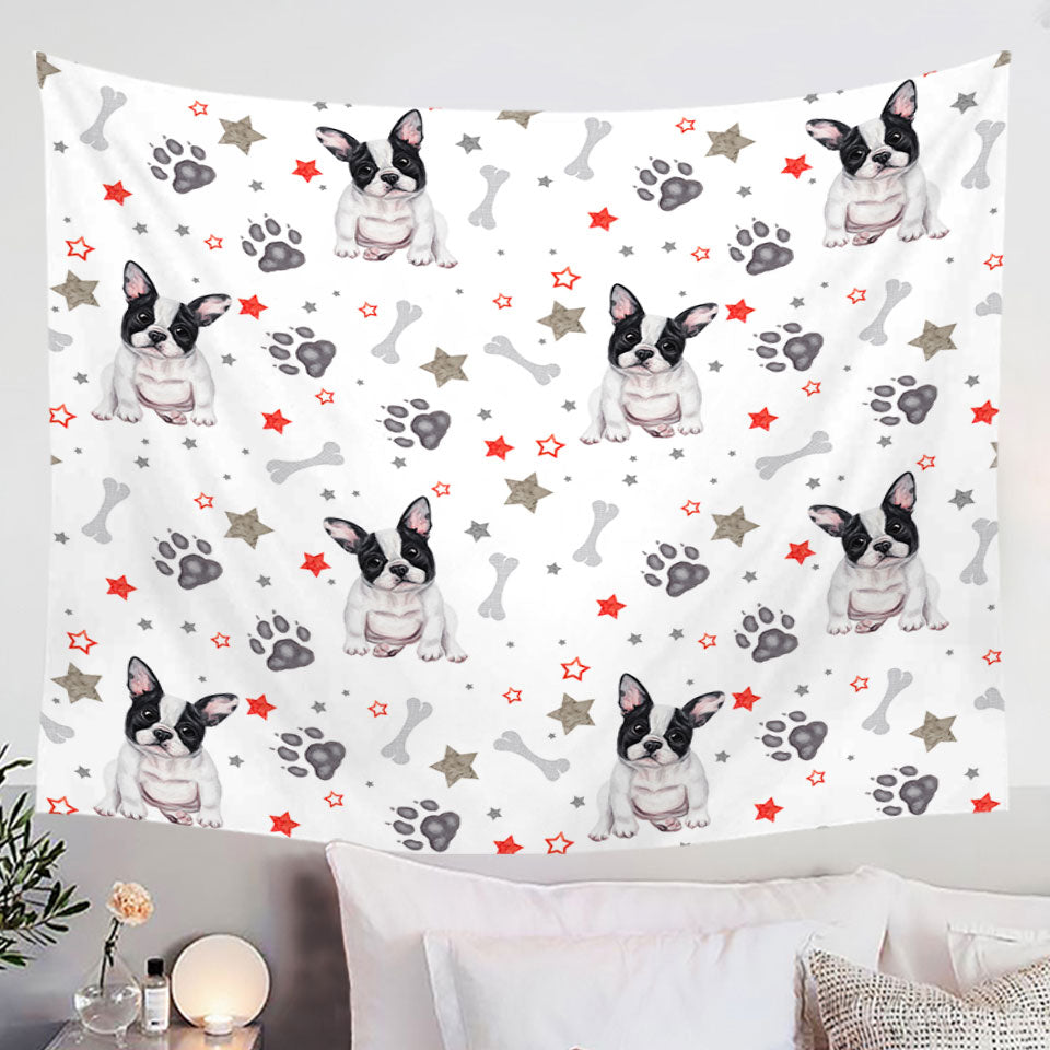 Cute Wall Decor Tapestry with French Bulldog Dog Paws and Bones