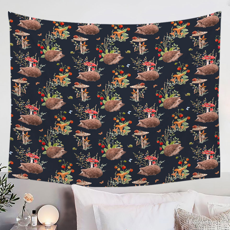 Cute Wall Decor Tapestry with Hedgehog in a Mushroom Garden