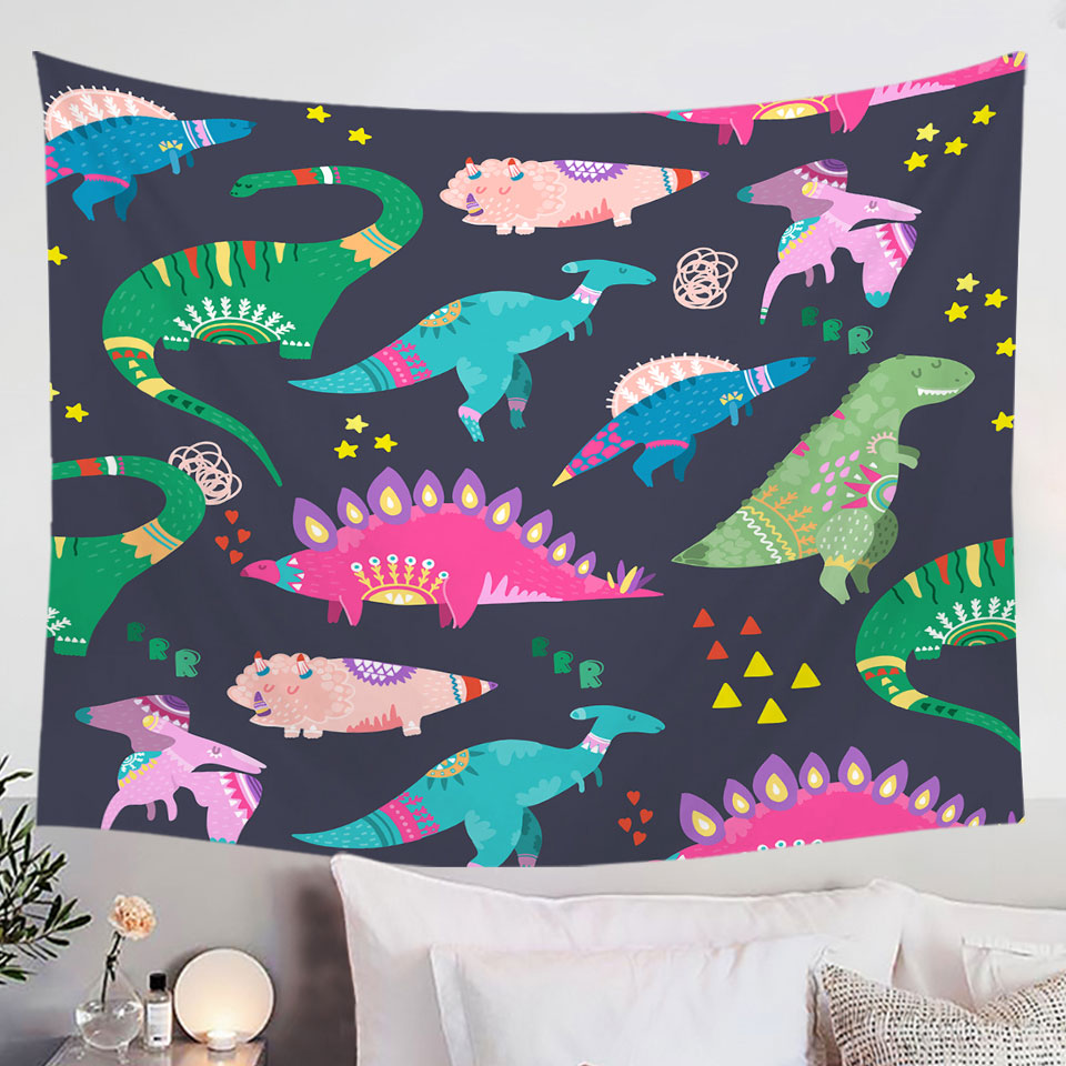 Cute Wall Decor Tapestry with Multi Colored Sleeping Dinosaurs