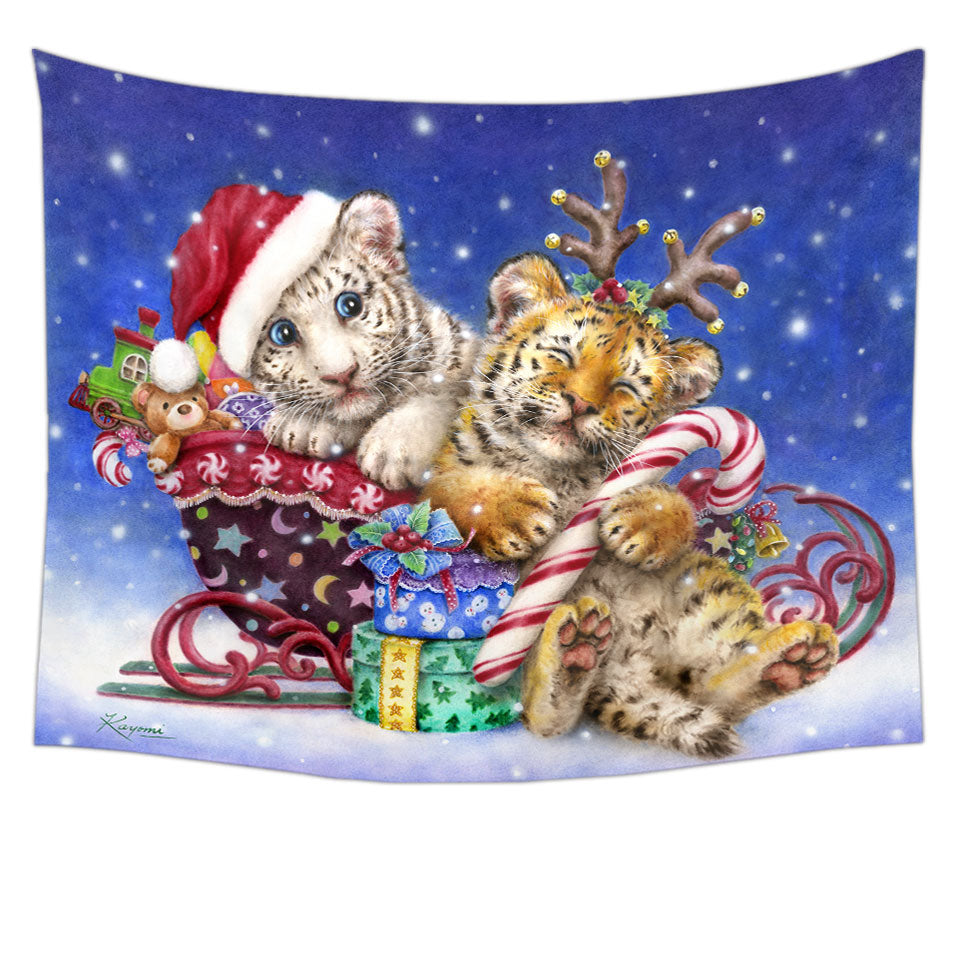Cute Wall Decor for Christmas Baby Tigers with Presents Sleigh