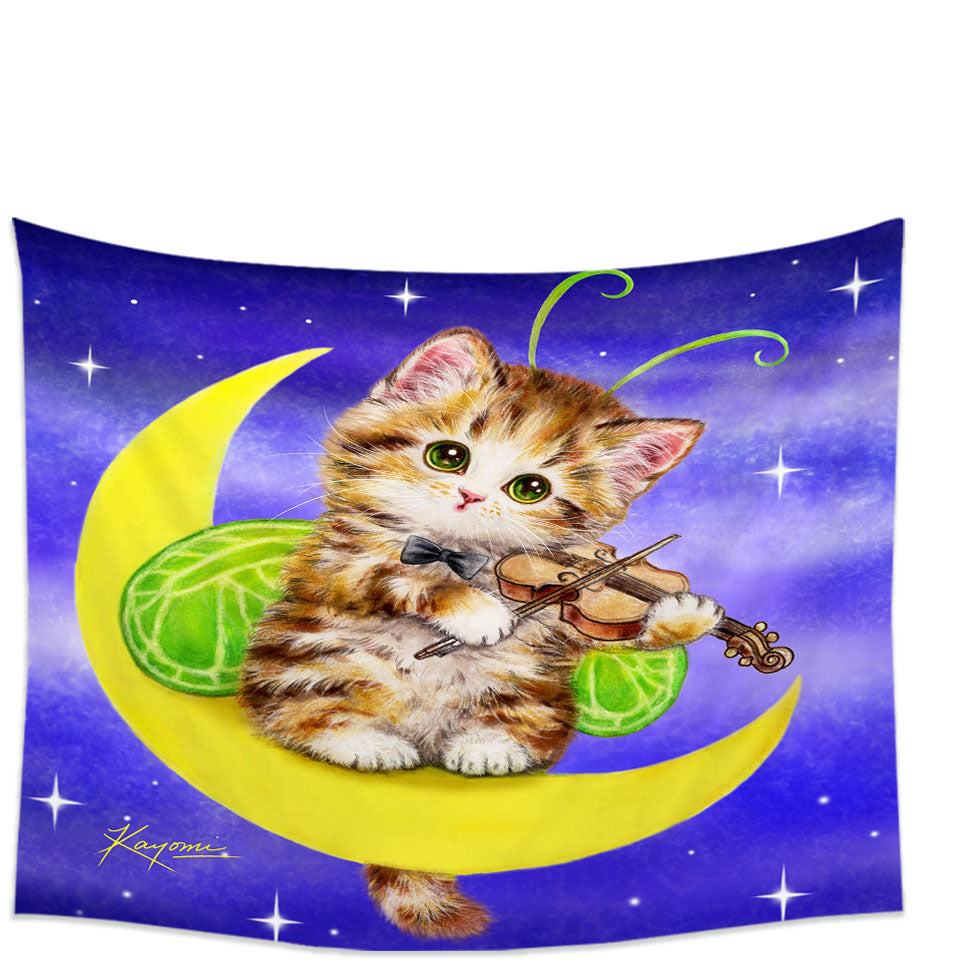 Cute Wall Decor of Fantasy Cats Art Violinist Tabby Kitten