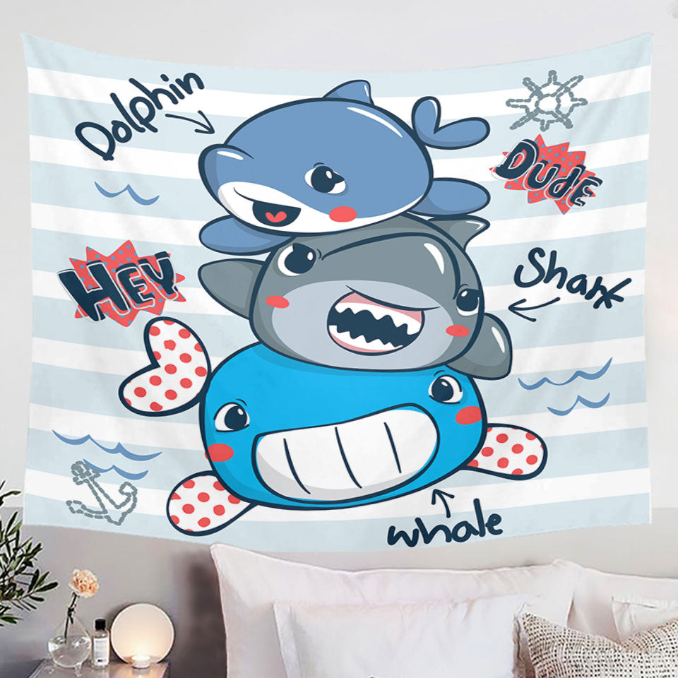 Cute Wall Tapestry Dolphin Shark and Whale