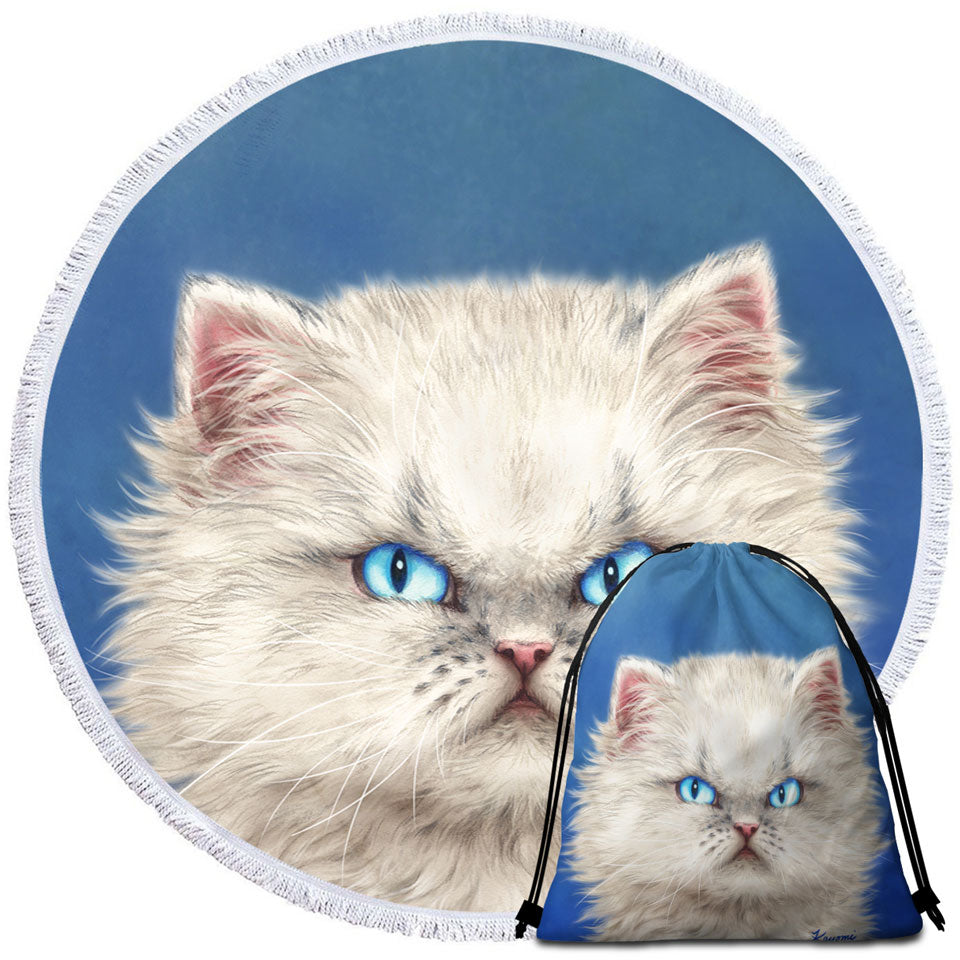 Cute White Angry Kitten Circle Beach Towel
