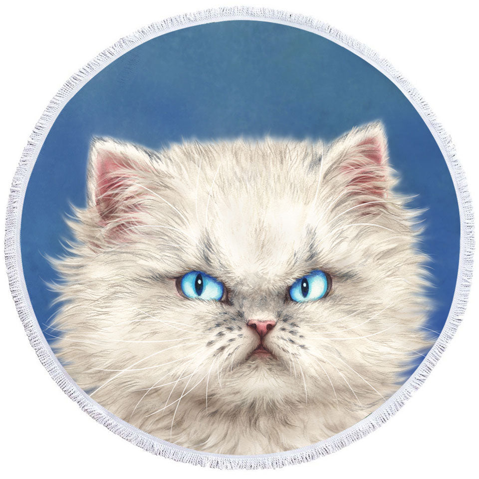 Cute White Angry Kitten Round Beach Towel