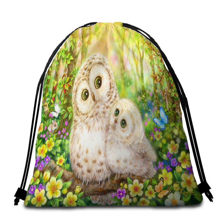 Cute Wildlife Animal Art Adorable Owls Beach bags and Towels
