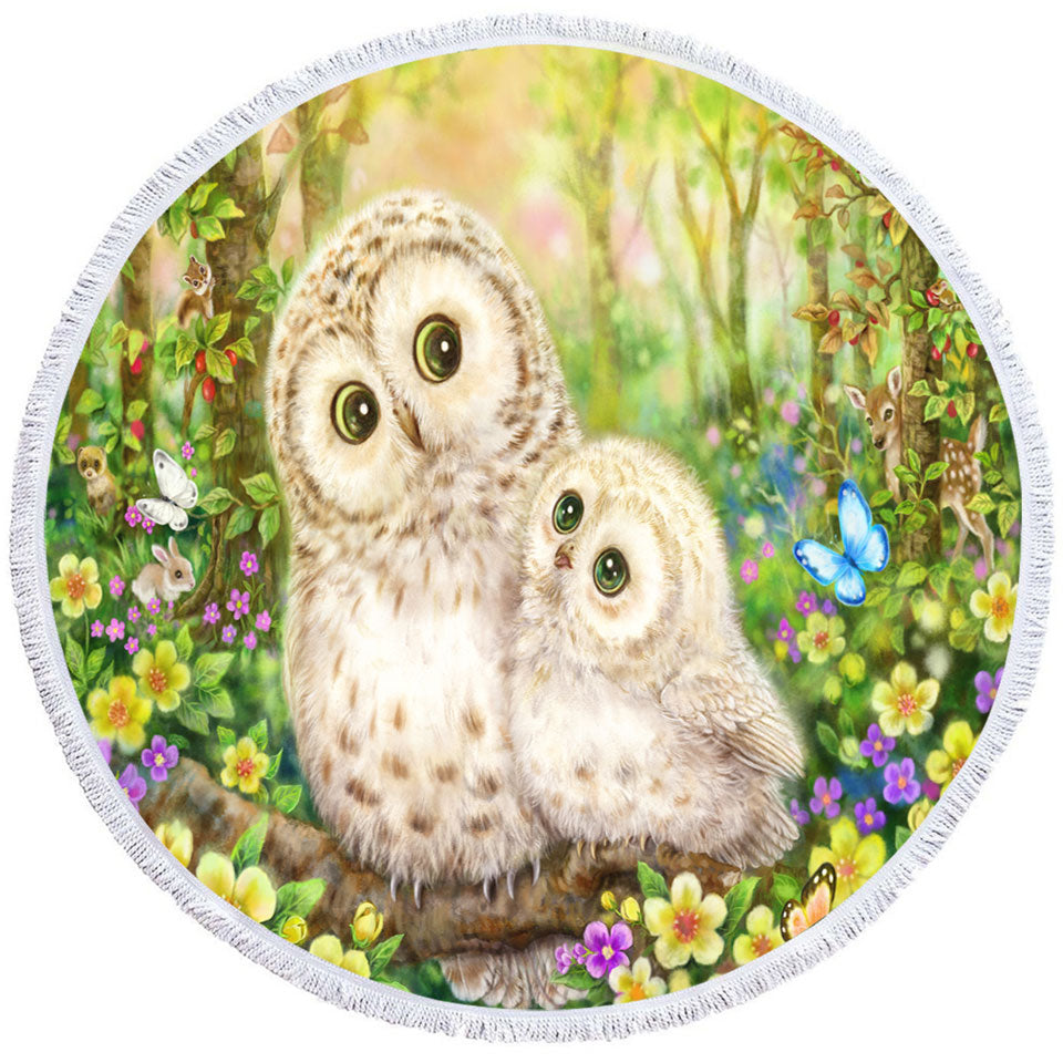 Cute Wildlife Animal Art Adorable Owls Circle Beach Towel