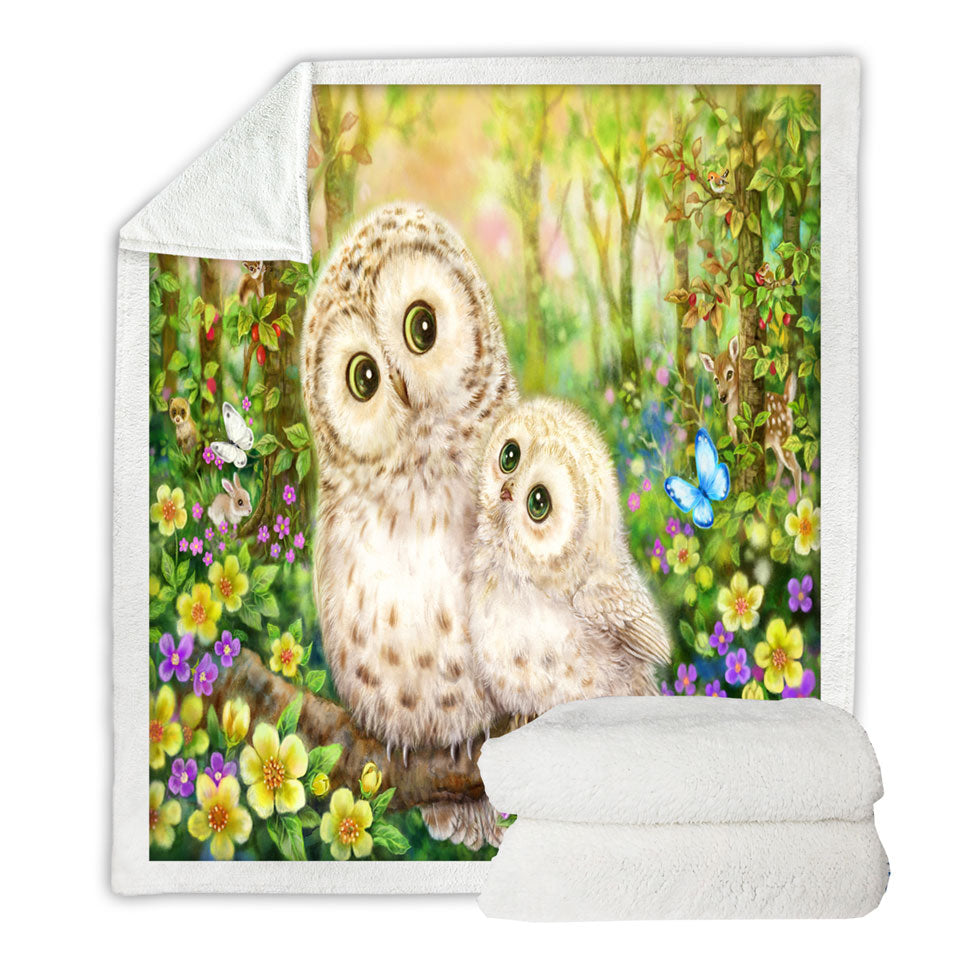 Cute Wildlife Animal Art Adorable Owls Fleece Blankets