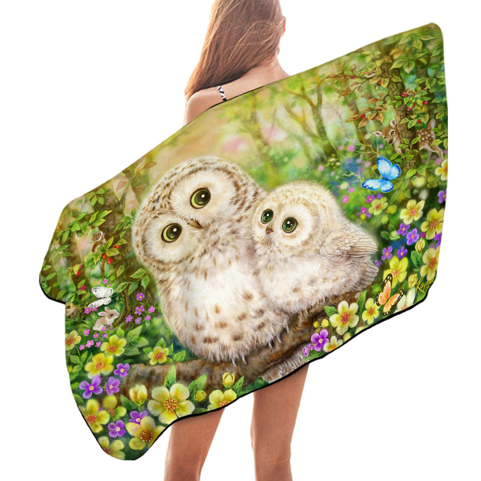 Cute Wildlife Animal Art Adorable Owls Microfibre Beach Towels