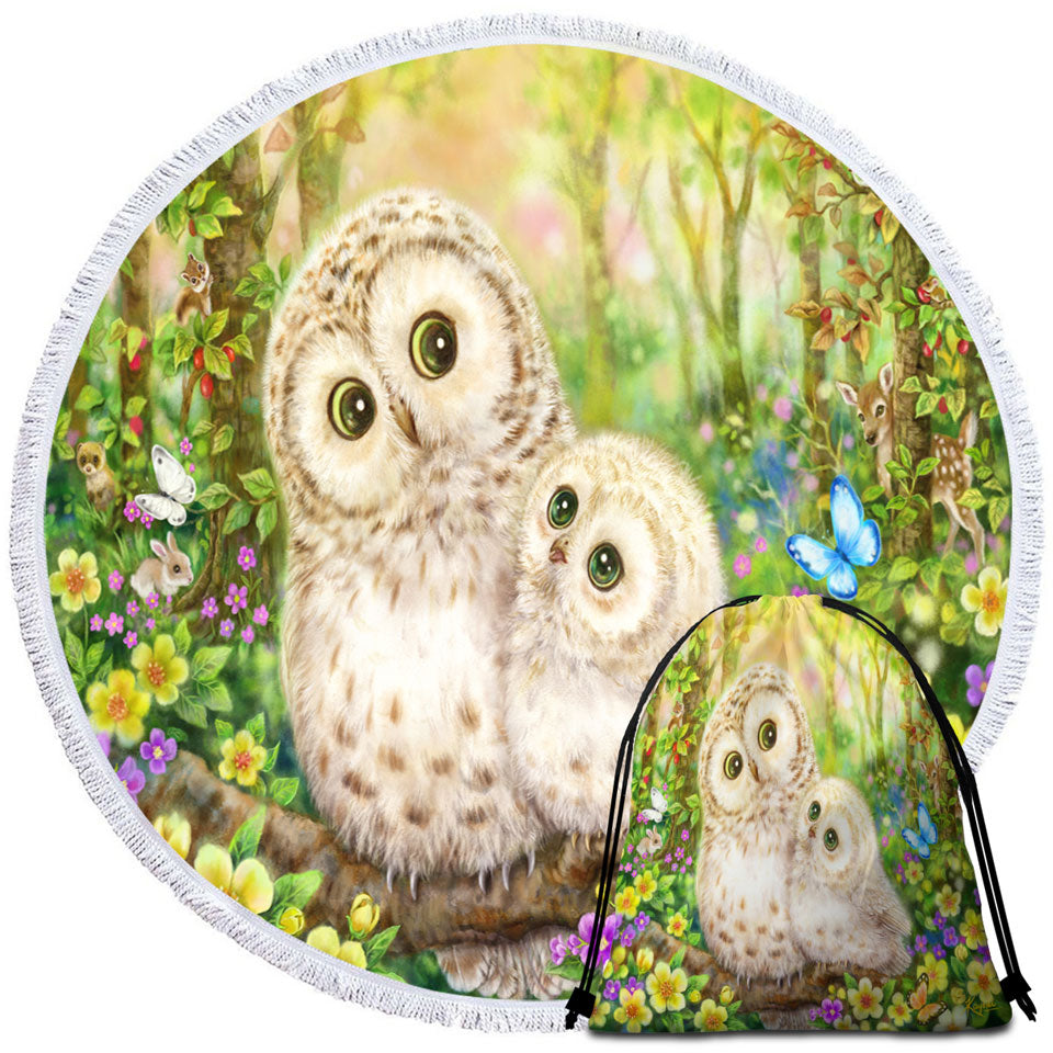 Cute Wildlife Animal Art Adorable Owls Round Beach Towel