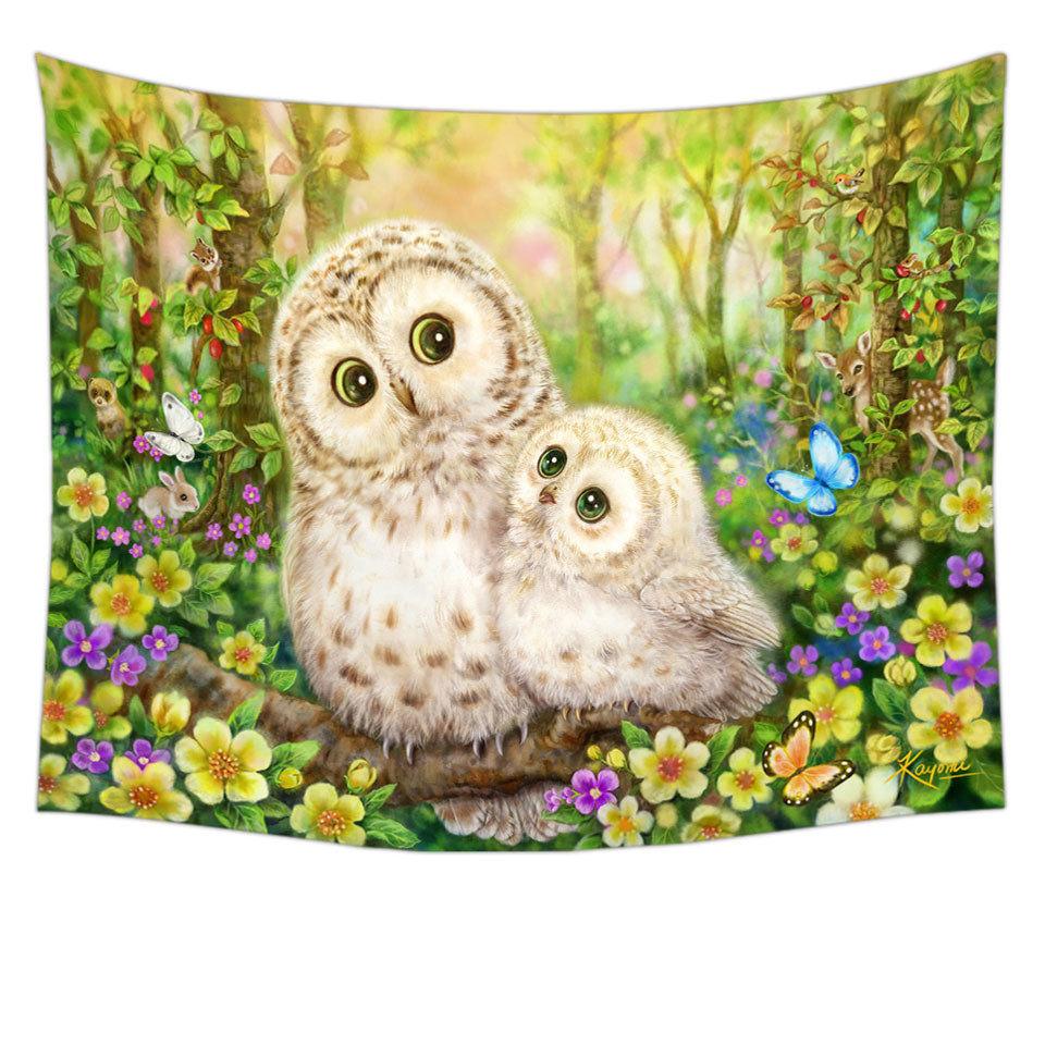 Cute Wildlife Animal Art Adorable Owls Tapestry and Wall Decor