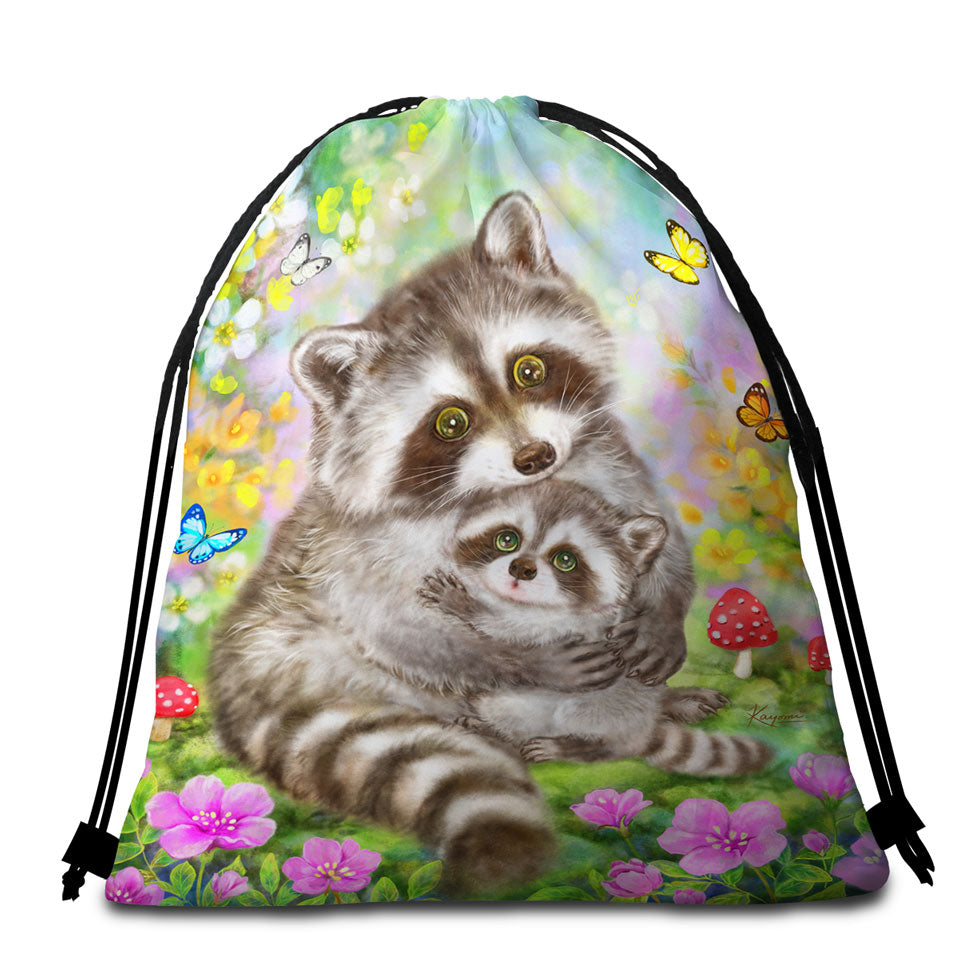 Cute Wildlife Animal Art Adorable Raccoons Beach Towel Bags