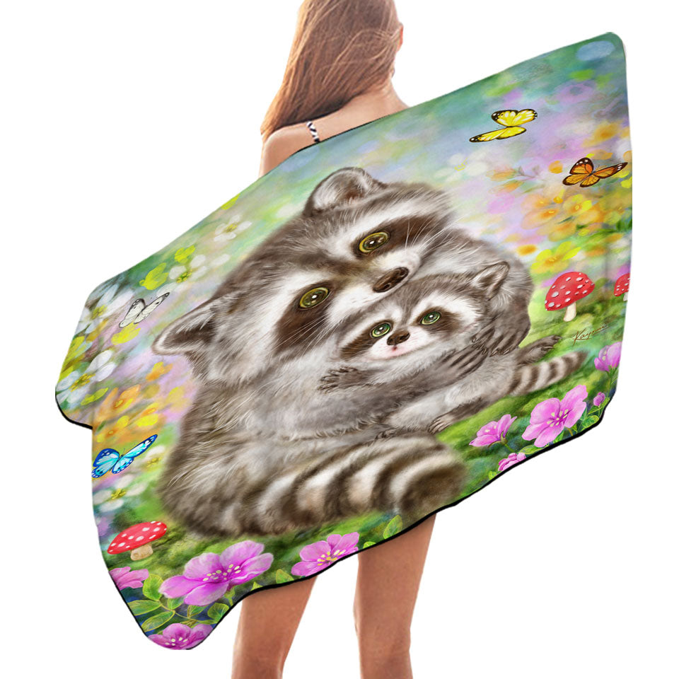 Cute Wildlife Animal Art Adorable Raccoons Beach Towels