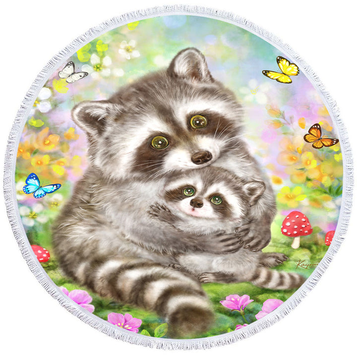 Cute Wildlife Animal Art Adorable Raccoons Circle Beach Towel