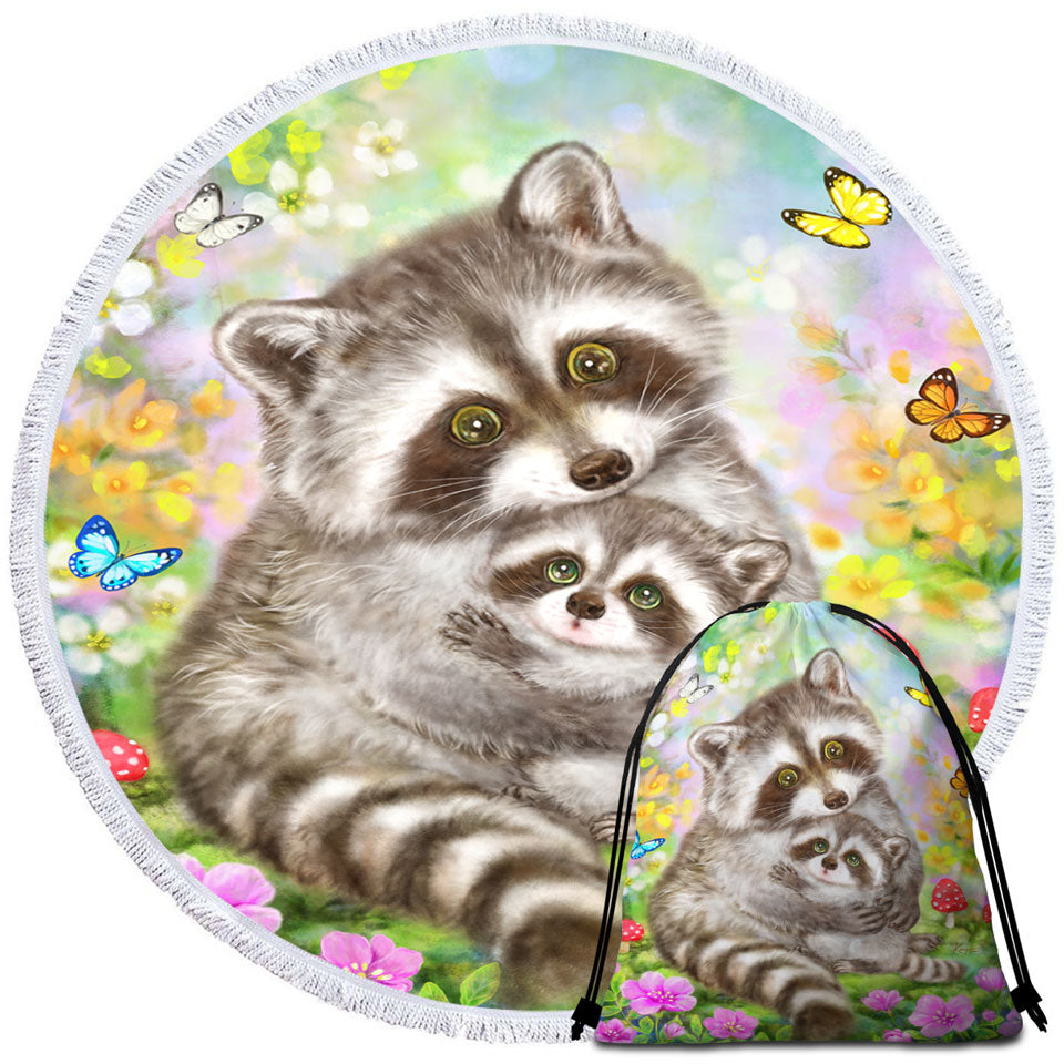 Cute Wildlife Animal Art Adorable Raccoons Round Beach Towel